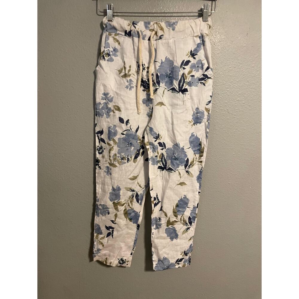 Ronnie Salloway Linen Pants Womens Small White Blue Floral Capri Italy Boho